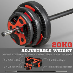 44lbs Adjustable Barbell Weight Set, Solid One-Piece Barbell Bar and Weights for Home Gym Weight Lifting Strength Training Exercise, Max Load 110 lbs, Black and Red