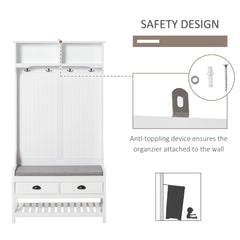 Coat Rack Shoe Bench, Hall Tree with Bench and Shoe Storage, Entryway Bench with 4 Hooks, 2 Drawers, 2 Shelves, White