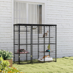 Weld Wire Catio Outdoor Indoor with Waterproof Cover, 4 Jumping Platforms, Hammock, 69" x 22" x 62", Black
