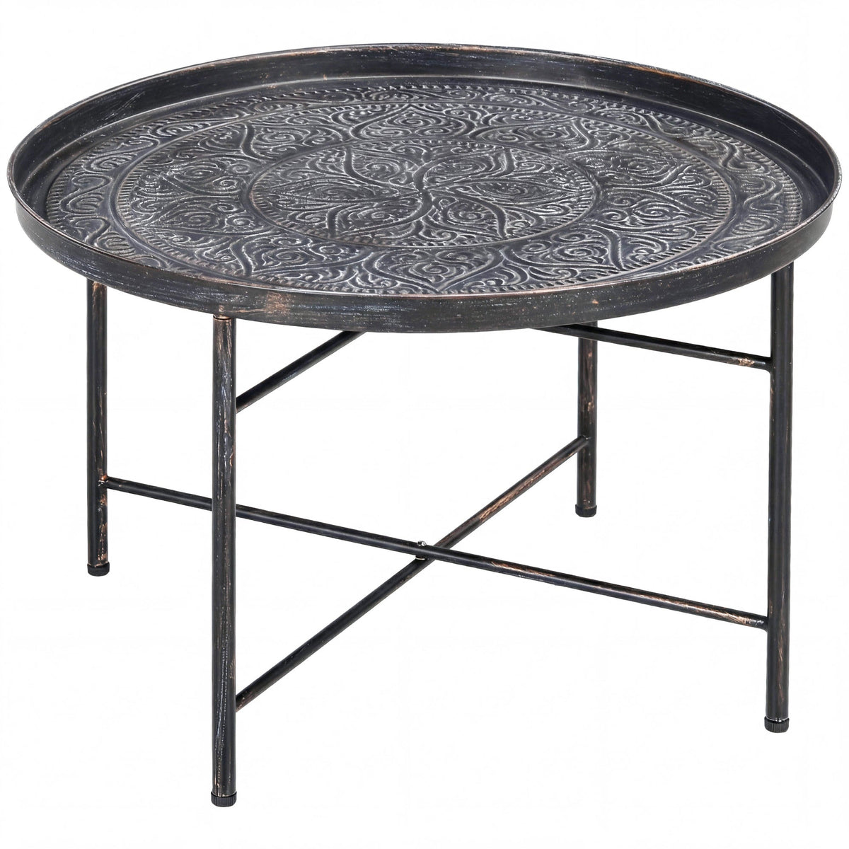 Vintage Coffee Table for Living Room, 24" Round Center Table with Hammered Tray Top and Metal Frame, Pewter