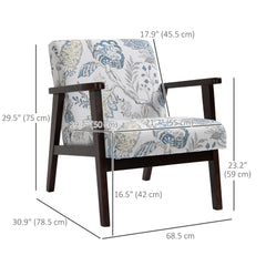 Mid-Century Modern Accent Chair Retro Fabric Armchair Wooden Arm Upholstered Lounge Chair for Living Room Floral