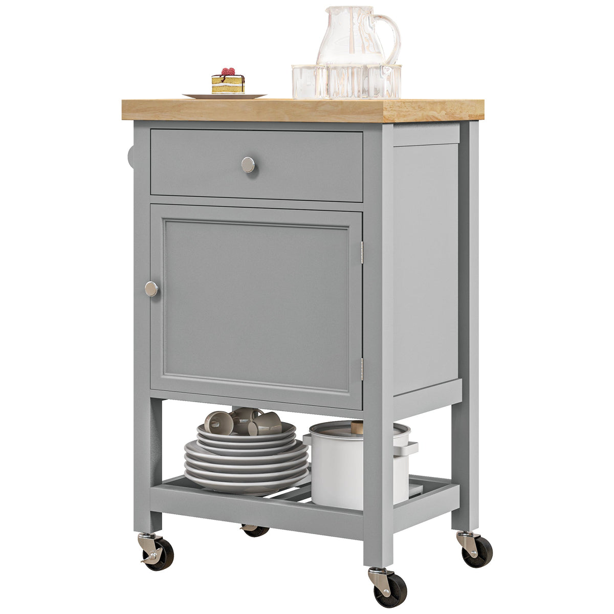 Kitchen Cart on Wheels, Rolling Kitchen Island Cart with Wood Top, Towel Rack, Drawer and Shelf for Dining Area, Grey