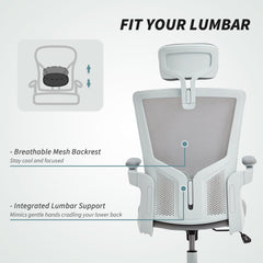 Ergonomic Office Chair, Swivel Desk Chair with Adjustable Lumbar Support, Headrest and Height, Flip-up Armrests, Beige