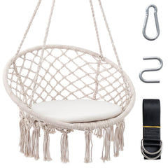 Macrame Swing Chair Hammock Chair with Round Seat Cushion-Beige