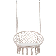 Macrame Swing Chair Hammock Chair with Round Seat Cushion-Beige