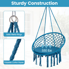 Macrame Swing Chair Hammock Chair with Round Seat Cushion-Blue