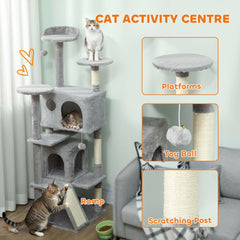 54" Cat Tree, Multi-Level Cat Tower with Scratching Posts, Cat Condos, Bed, Platforms, Ramp, Toy Ball, Beige