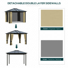 10' x 12' Hardtop Gazebo Canopy with Polycarbonate Roof, Aluminum Frame, Netting, Curtains and Ceiling Hook, Brown