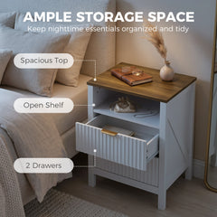 Modern Nightstand with 2 Fluted Drawers, Bedside Table with Open Storage Shelf, Anti-tipping Design, White and Walnut