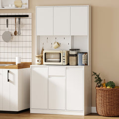 71" Pantry Cabinet with Charging Station, Kitchen Storage Cabinet with Microwave Stand, Pegboard, 6 S-hooks, Black