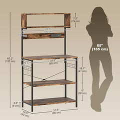 Baker's Rack with Charing Station, Microwave Shelf with Power Outlet, USB Charger and 5 Hooks, Black