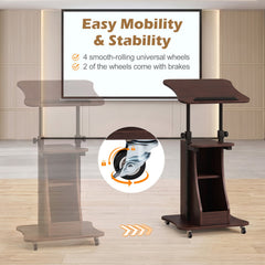 Mobile Podium Stand Height Adjustable Laptop Cart with Tilting Tabletop and Storage Compartments-Brown