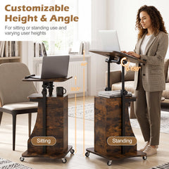 Mobile Podium Stand Height Adjustable Laptop Cart with Tilting Tabletop and Storage Compartments-Rustic Brown