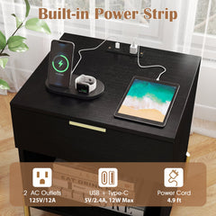 Modern Nightstand with Charging Station-Black