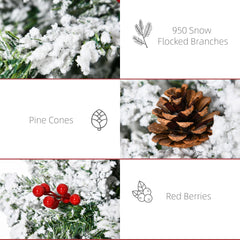 6 Foot Pencil Snow Flocked Artificial Christmas Tree with 600 Pine Realistic Branches, Pine Cones, Red Berries, Auto Open, Green