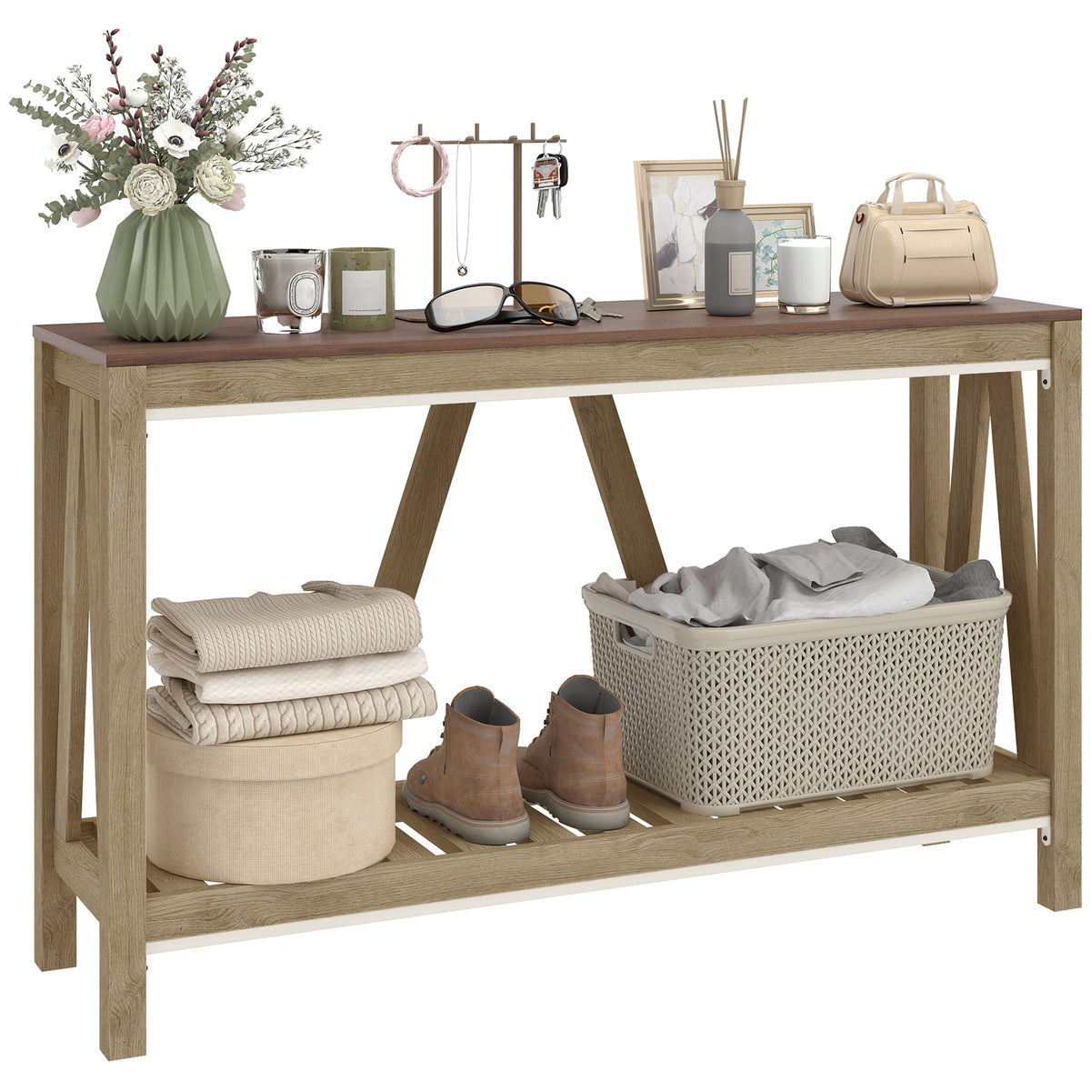 52" Console Table, Farmhouse Narrow Entryway Table with Storage Shelf, Rustic Sofa Table with Anti-tipper for Living Room and Hallway, Oak