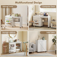 Sewing Machine Table on Wheels, Folding Craft Table with 2 Bins, Storage Shelf, 18 Pegs, Lockable Wheels, Brown
