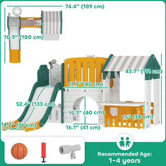 7-in-1 Toddler Slide, Kids Slide Climber Playset with Playhouse and Basketball Hoop for 1-4 Years, Grey