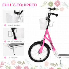 Kick Scooter with Adjustable Handlebar, Kids Scooter with 2 Brakes Basket Cupholder 16" Inflatable Rubber Tyres Orange