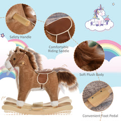 Kids Rocking Horse Plush Animal on Wooden Rockers with Sounds, Wooden Base, Baby Rocking Chair, Brown