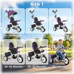 6 in 1 Toddler Tricycle Stroller with Basket, Canopy, 5-point Safety Harness, for 12-60 Months, Grey