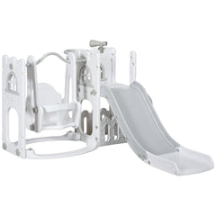 6-in-1 Slide and Swing Set Baby Swing Playset Indoor with Basketball Hoop, Climber, Storage Space, Telescope, Grey