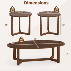 Nesting Coffee Table Set of 3 with Wood Veneered Top and Solid Rubber Wood Legs for Living Room-Walnut
