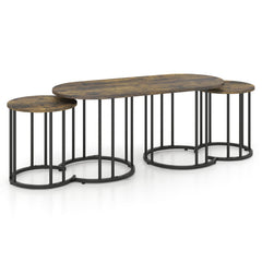 Nesting Coffee Table Set of 3 with Faux Marble Tabletop and Powder-coated Gold Metal Frame-Rustic Brown