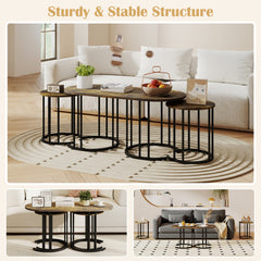 Nesting Coffee Table Set of 3 with Faux Marble Tabletop and Powder-coated Gold Metal Frame-Rustic Brown
