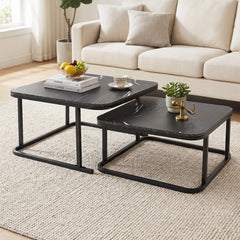 Nesting Coffee Table Set of 2 with Faux Marble Top and Metal Frame-Black