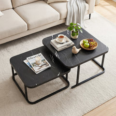 Nesting Coffee Table Set of 2 with Faux Marble Top and Metal Frame-Black