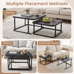 Nesting Coffee Table Set of 2 with Faux Marble Top and Metal Frame-Black