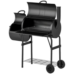 Portable Outdoor Charcoal BBQ Grill with Offset Smoker, Barbecue Grill with Spacious Cooking Area, 2 Shelves, Thermometer, Wheels for Patio Backyard Party, Black