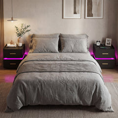 Nightstand with Charging Station LED Bedside Table with 2 Storage Drawers-Black