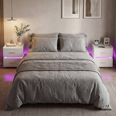Nightstand with Charging Station LED Bedside Table with 2 Storage Drawers-White