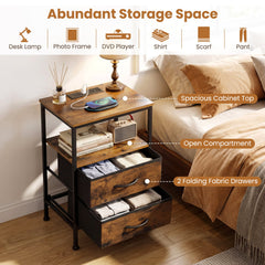 Nightstand with Charging Station 24.5 inch Modern Bedside Table with 2 Fabric Drawers-Rustic Brown