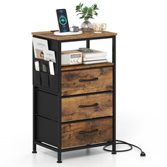Nightstand with Charging Station 27.5 inch Modern Bedside Table with 3 Fabric Drawers-Rustic Brown