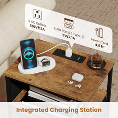 Nightstand with Charging Station 27.5 inch Modern Bedside Table with 3 Fabric Drawers-Rustic Brown