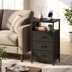 Nightstand with Charging Station 27.5 inch Modern Bedside Table with 3 Fabric Drawers-Black