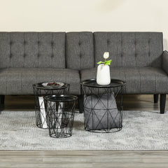 Set of 3 Nesting Coffee Tables with Storage, Round End Table with Removable Tray, Basket Side Tables with Metal Frame for Living Room, Black