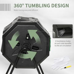 43 Gallon (160L) Tumbling Compost Bin Outdoor Dual Chamber 360° Rotating Composter with Sliding Doors, Solid Steel Frame and Gloves, Black