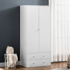 Modern Wardrobe Closet Armoire with 2 Drawers and Hanging Rod, Clothes Storage Organizer for Bedroom, Grey