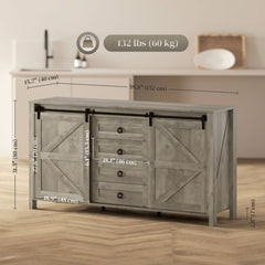 60" Buffet Cabinet, Farmhouse Sideboard with Sliding Barn Doors, Drawers and Adjustable Shelves, Cream White