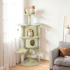 62" Cat Tree with Scratching Post, 2 Condos, Hammock, Perches, Plush, Pompoms, for Indoor Cats, Beige