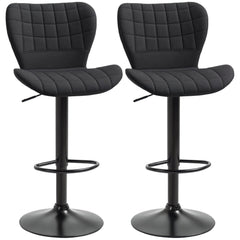 Bar Stools Set of 2, Adjustable Height Swivel Bar Chairs, Linen-feel Fabric Upholstered Kitchen Counter Stools with Wide Seat, Back and Footrest, Black
