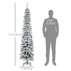 6 Ft Snow-Flocked Artificial Christmas Tree, Slim Pencil Xmas Tree with Realistic Branches, Metal Base, Green