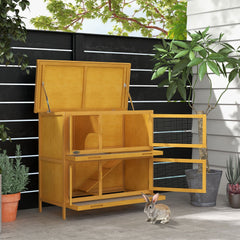 Wood Rabbit Hutch with 2 Large Main House, Ramp, Trays, Grey