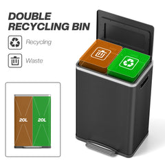 2x5.3 gal (2x20 L) Garbage Bin, Stainless Steel Garbage Can with Soft-Close Lid and Removable Inner Buckets, Black