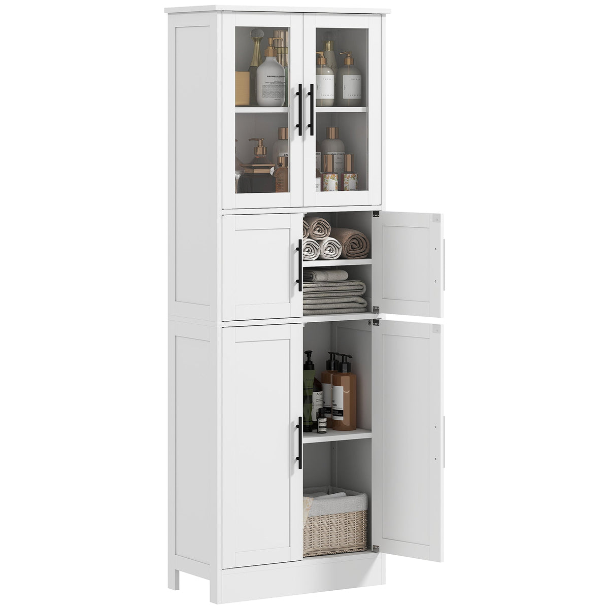 67" Tall Bathroom Storage Cabinet, Modern Freestanding Bathroom Cabinet with Glass Doors and Adjustable Shelves, White