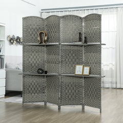 6 FT Privacy Screen, 4 Panel Room Divider with Shelves for Living Room Bedroom Home Office, Grey